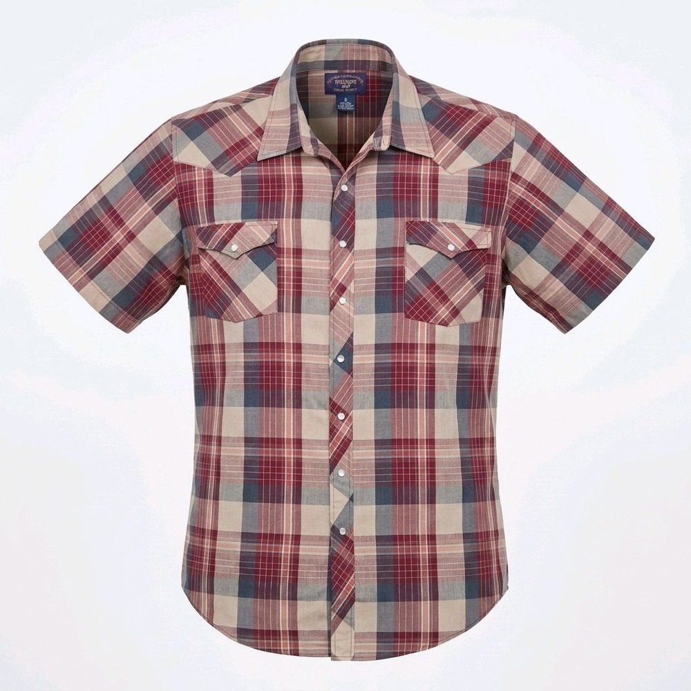 Williams Bay‎ Mens 2XT Plaid Western Snap Shirt Short Sleeve Burgundy Tan Tall